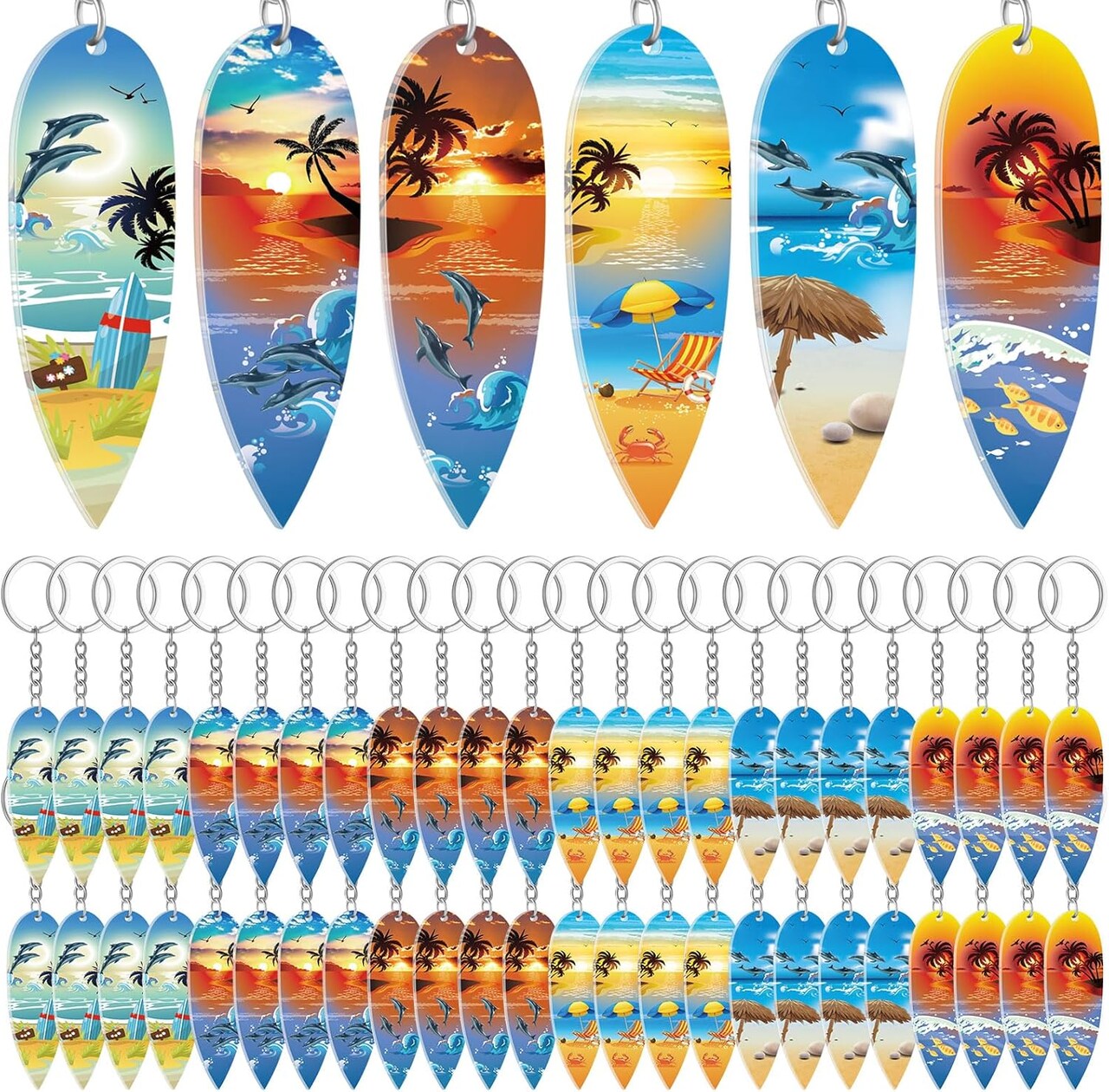 48 Pcs Beach Summer Party Favors Surfboard Keychains Toy Gifts Bulk Acrylic Mini Surfboard Sea Turtle Coconut Tree Key Chains for Florida California Hawaiian Bahamas Souvenirs Supplies